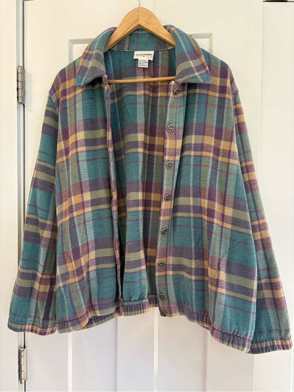 Alfred Dunner Teal & Purple Plaid button down shirt jacket.